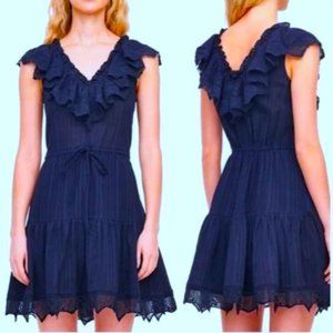 Rebecca Taylor Mariana Dress Navy Cotton Gauze Eyelet Ruffles Drawstring Waist